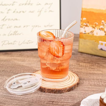 13oz/400ML Glass Tumbler with Straw and Lid Ribbed Vertical Ice Coffee Cups Sealed Carry on for Coffee Iced Tea, Thick Wall Glassware Tumbler Water Glass - color: 1Pack Clear-A