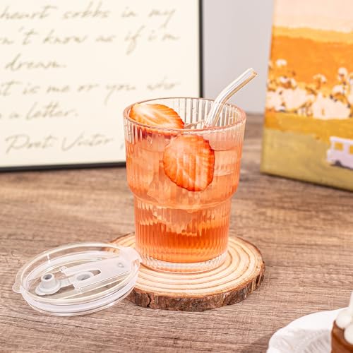 13oz/400ML Glass Tumbler with Straw and Lid Ribbed Vertical Ice Coffee Cups Sealed Carry on for Coffee Iced Tea, Thick Wall Glassware Tumbler Water Glass - color: 2Pack Clear-A