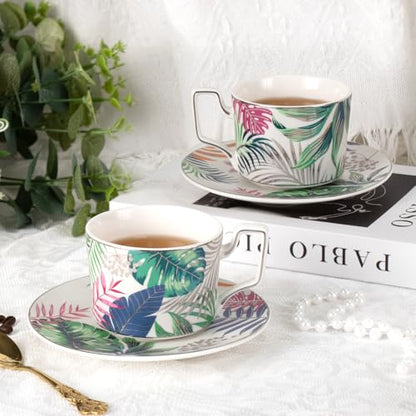 KAMMAK Tea Cups and Saucers Set of 2, Porcelain Coffee Cups, NX024 | Gold Rim, Stackable Espresso Mugs, Ceramic Demitasse for Coffee, Latte, Americano, Afternoon Tea, Elegant Gift for Women - size: 8CZNX024