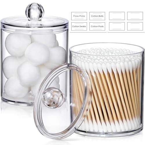 2 Pack Acrylic Qtip Holder Dispenser for Cotton Swabs, Balls, Floss Picks | Thick, Highly Clear, w/ Labels - Small Canister Apothecary Jar Set, Bathroom Decor Essentials, Shelf Vanity Storage Organizer - color: Clear-2 Pack