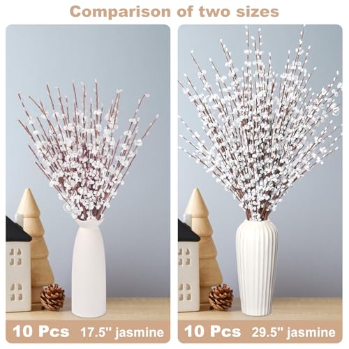 Wootkey 10Pcs 17.5'' Faux Jasmine Artificial Flowers White Flowers Tall White Floral Branches for Home Wedding Vase Filler Party DIY Decoration Halloween Decoration | Faux Jasmine Flower Bouquet Pussy Willow Branches Vase Filler Christmas Home Wedding Tab