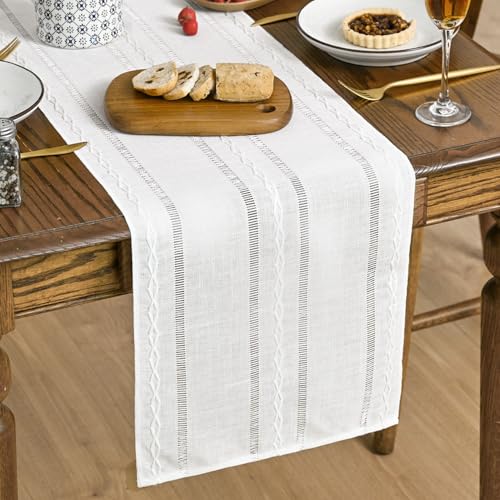 Artoid Mode Rustic Cotton Linen Table Runner, Seasonal Embroidered Hollow Kitchen Dining Table Decoration for Home Party Decor 13x36 Inch - color: White, size: 13" x 36"