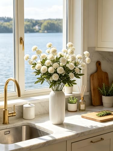 Faux Silk Chrysanthemum, Ivory, 10 Pcs | Artificial Flowers, Mini Fake Mums with Stems, DIY Bouquets, Wedding Centerpieces, Vase Fillers - color: Ivory