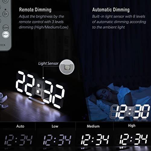 3D LED Digital Wall Clock ,9.7", Large Display Table/ Desk Clock with Remote Control 12/24H Temperature (White Light) - color: 9.7in Clock-white Light