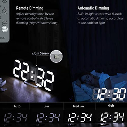 3D LED Digital Wall Clock ,9.7", Large Display Table/ Desk Clock with Remote Control 12/24H Temperature (White Light) - color: 9.7in Clock-white Light