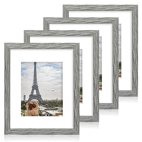 Hongkee 11x14 Picture Frame Set of 4, Made of Real Glass and Grey Wooden Frame, Display 8x10 Pictures with Mat or 11 x 14 Posters without Mat for Wall Mounting, Gallery Photo Frames - color: Grey, size: 11x14 in