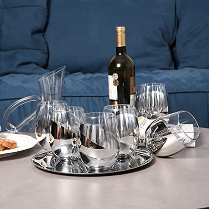 MyGift Modern Stemless Wine Glass Set of 6, White or Red Wine Glasses with Silver Metallic Bottom Angled Design - color: Silver- (Set of 6)