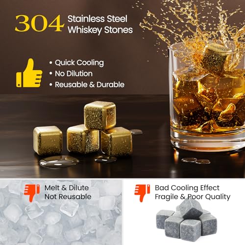 Kollea Whiskey Stones 8-Pack Stainless Steel Chilling Rocks Set, Gold | Food-Grade 304 Stainless Steel Cubes with -5℃ to -10℃ Freezing Point, No Dilution Chilling, Unique Gifts for Men, Dad - size: B - 8 PCS Gold