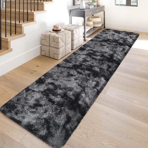 Tie-Dyed Runner Rug for Bedroom Black Grey 2x10ft Fluffy Area Rug Bedside Runner Rug for Kids Room Boys Teens Nursery Baby Living Room Dorm Home Decor Carpets - color: Tie-dyed Black Grey, size: 2' x 10' (Runner)