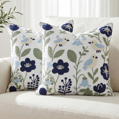 Navy Blue Bird Floral Embroidered Pillow Covers 20x20 Set of 2 | 3D Raised Tufted Wildflower Bird Embroidery, Thick Colorfast Cotton Canvas, All-Season Decor For Couch Bed Boho Farmhouse - color: Navy Blue Green, size: 20" x 20" (Pack of 2)
