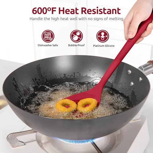 U-Taste 600ºF High Heat 16in Silicone Kitchen Tong and 600ºF Heat Resistant 13.76" Long, 3.63" Wide Wok Spatula for Kitchen Stir Fry (Red)