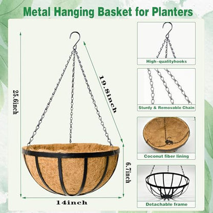 4 Pack 14 Inch Hanging Planters for Outdoor Plants Metal Hanging Planter Basket with Coco Coir Liner Round Plant Black Flat Iron Metal Flower Pots for Deck Patio Porch Garden Balcony - size: 14 Inch