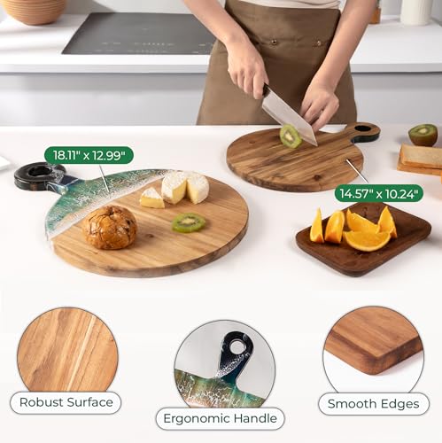 Acacia Wood Serving Board with Ocean Resin Art, 14.6" x 10.2" Charcuterie Cheese Tray for Display & Prep, Cutting Board on Back, Includes Stand & Loofah, Christmas Housewarming Gift (Round) - color: Round Cutting Board, size: Small