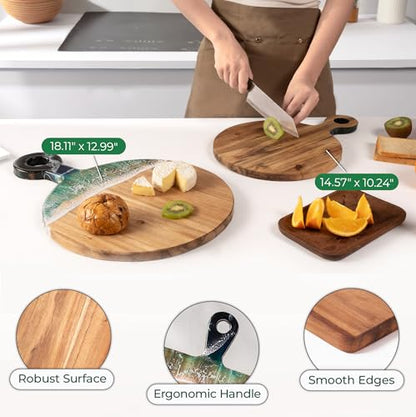Acacia Wood Serving Board with Ocean Resin Art, 14.6" x 10.2" Charcuterie Cheese Tray for Display & Prep, Cutting Board on Back, Includes Stand & Loofah, Christmas Housewarming Gift (Round) - color: Round Cutting Board, size: Small