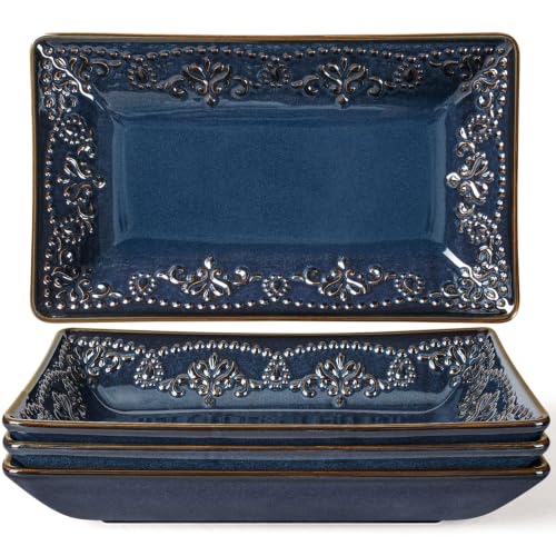 Salad Plates Set of 4, 9.85" Embossed Ceramic Rectangular Appetizer Plates, Deep Lipped Edges, Microwave & Dishwasher Safe, Dessert Sushi Pasta Serving Plates (Blue, Damask Floral) - color: Blue (Damask Floral), size: 9.85 inch