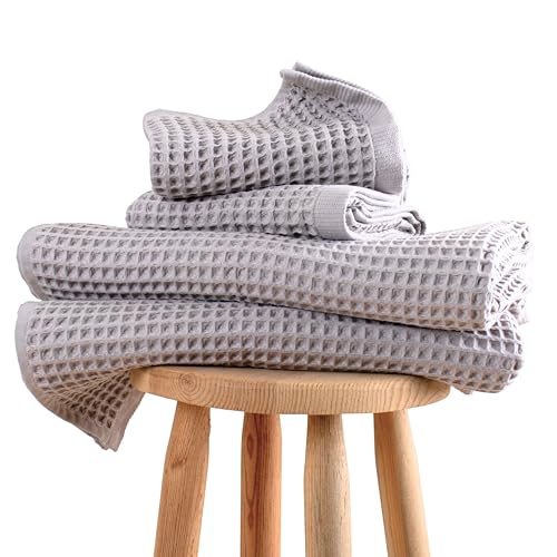 PÜSKÜL Natural 100% Turkish Cotton Waffle Towels Set for Bathroom (4-Piece) | Light Gray, Large Size 2 Hand and 2 Bath Towel, Quick-Dry Soft Absorbent Premium 3D Honeycomb Weave, Oeko-Tex Made in Turkey - color: Gray
