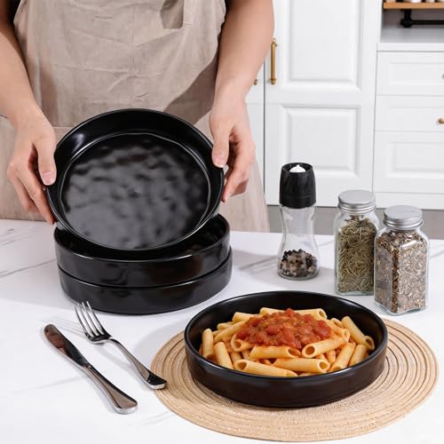 LIANYU 8.25’’ Pasta Bowls Set of 4, 33oz Large Wide Shallow Dinner Plates | Stoneware Salad Plate, Ceramic Serving Bowl Sets for Soup, Cereal, Fruit, Microwave & Dishwasher Safe, Obsidian Matte Black - color: Matte Black