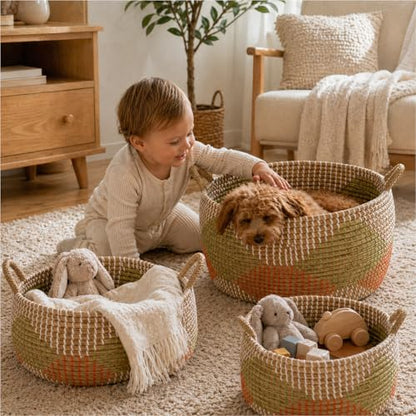 Set of 3 Handwoven Seagrass Storage Baskets with Handles, Decorative Round Wicker Basket Set for Blankets, Toys, Towels, Nursery, Living Room & Bedroom