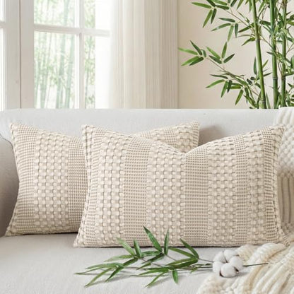 a moment 2 Pack Bamboo Fiber Pillow Covers - Waffle Weave, Ultra Soft & Breathable, Skin-Friendly Cotton Throw Pillow for Couch, Sofa, Bedroom Living Room 12x20 Inch Beige - color: Beige, size: 20" x 12" (Pack of 2)