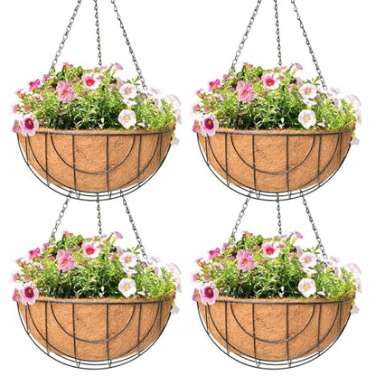 4 Pack 14 Inch Hanging Baskets for Plants Outdoor Metal Hanging Planter Hanging Flower Baskets with Coco Fiber Liners Chain Round Wire Plant Holder Hanging Flower Pots - size: 14 Inch, style: Flower Border