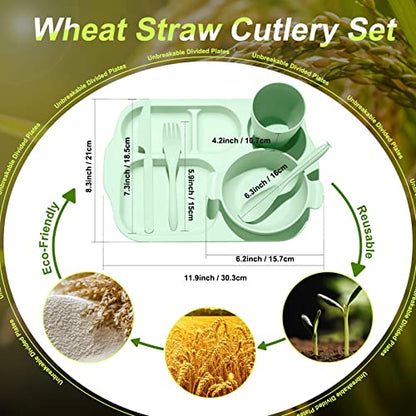 Honoson 24 Pcs Wheat Straw Dinnerware Cutlery Set, Service for 4, Unbreakable Plates and Bowls Set - Divided Plates, Bowls, Spoons, Forks & Knives, Microwave & Dishwasher Safe(Green) - color: Green