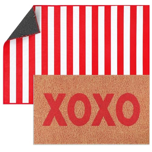 2 Pcs Valentine's Day Doormats Layered Front Door Mats Non Slip Floor Coir Rugs Red and White Stripe XOXO Doormats for Porch Entryway Indoor Outdoor Home Decor - style: Xoxo