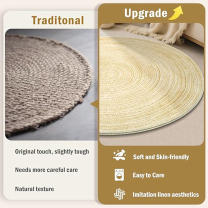 Carvapet 4 ft Round Washable Rug, Imitation Jute Low Pile Circle Carpet with Non Slip Rubber Backing, Foldable Stain Resistant Area Rug for Living Room Bedroom Office Bathroom - color: S-yellow, size: 4' (Round)