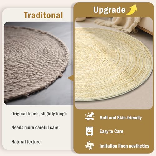 Carvapet 6 ft Round Washable Rug, Imitation Jute Low Pile Circle Carpet with Non Slip Rubber Backing, Foldable Stain Resistant Area Rug for Living Room Bedroom Office Bathroom - color: S-yellow, size: 6' (Round)