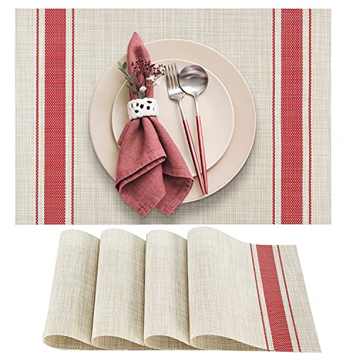 DACHUI Placemats Set of 4, Heat Resistant, Washable Woven Vinyl Place Mats - color: Red Stripes, size: 4PCS