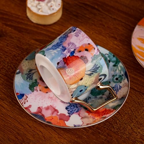 KAMMAK Tea Cups and Saucers Set of 2, Fine Bone China Coffee Cups, 569N | Stackable Espresso Mugs, Ceramic Demitasse for Coffee, Cappuccino, Latte, Americano, Tea - size: 7KPSP569N+570N