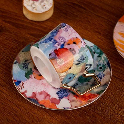 KAMMAK Tea Cups and Saucers Set of 2, Fine Bone China Coffee Cups, 569N | Stackable Espresso Mugs, Ceramic Demitasse for Coffee, Cappuccino, Latte, Americano, Tea - size: 7KPSP569N+570N