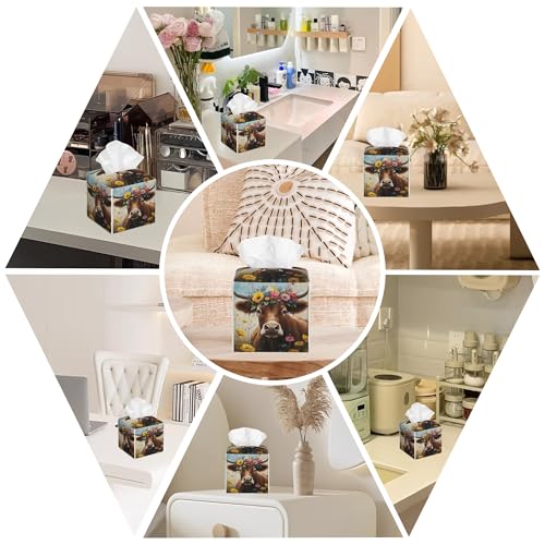 Leather Tissue Box Holder Cow with Flowers Tissue Box Cover Facial Paper Case Organizer Cube Napkin Dispenser for Bathroom Vanity Countertop Night Stand Office Car - color: Cow With Flowers