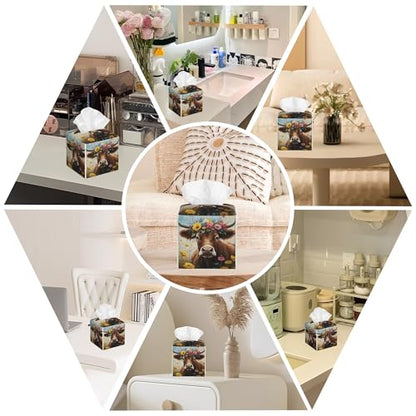 Leather Tissue Box Holder Cow with Flowers Tissue Box Cover Facial Paper Case Organizer Cube Napkin Dispenser for Bathroom Vanity Countertop Night Stand Office Car - color: Cow With Flowers