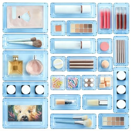Vtopmart 25 Pack Plastic Drawer Organizers with Non-slip Rubber Pads | 4-Size Versatile Makeup Organizer, Storage Containers Small Bins for Makeup, Jewelries, Bedroom, Kitchen Utensils and Office - color: Clear Blue