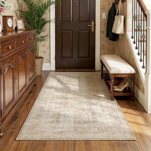 Beauoop 3x5 Washable Beige Neutral Vintage Distressed Area Rug for EntryWay | Cream Retro Non Slip Low Pile Soft Thin Traditional Indoor Small Carpet Throw Rugs Entry Entrance Kitchen Bedroom Office Dorm - color: Beige, size: 3' x 5' (Rectangular)