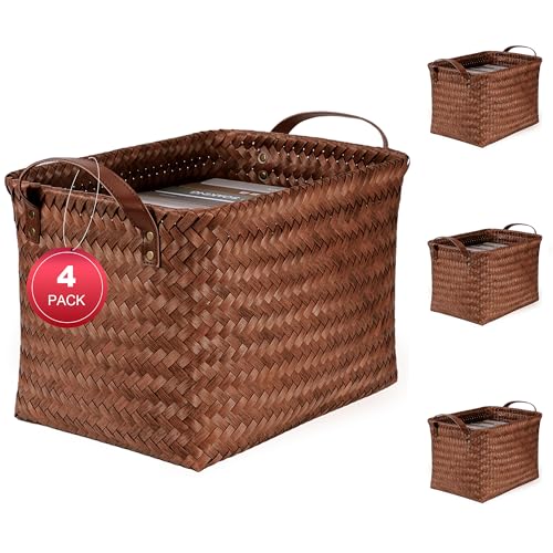 15L Laundry Baskets Waterproof Storage Baskets For Shelves Large Laundry Hamper With Leather Handle -set of 4 Cube Organizers Woven Bins for Bathroom,Bedroom,Pantry,Clothes,Car & Towels-Brown - color: Brown*4 Set