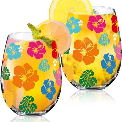 Sliner 2 Pack 17oz Summer Hawaiian Stemless Wine Glasses Aloha Stemless Wine Glass Luau Colorful Flowers Leaves Tumbler Cups for Hawaiian Tiki Party Supplies Birthday Gift - style: Hawaiian