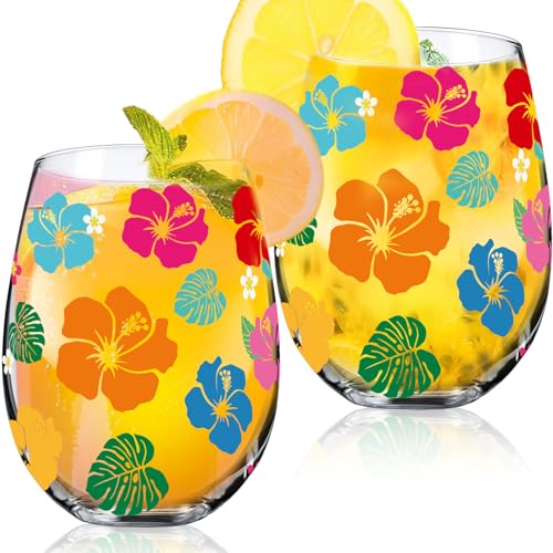 Sliner 2 Pack 17oz Summer Hawaiian Stemless Wine Glasses Aloha Stemless Wine Glass Luau Colorful Flowers Leaves Tumbler Cups for Hawaiian Tiki Party Supplies Birthday Gift - style: Hawaiian