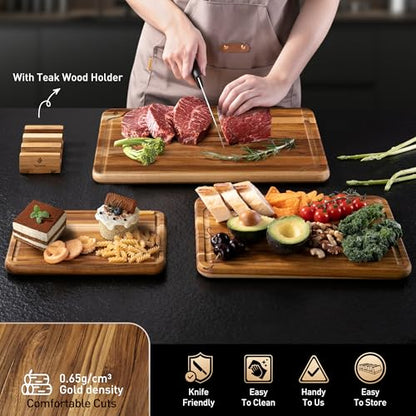 3 Pack Teak Wood Cutting Board Set for Kitchen Charcuterie Board Serving Heavy Duty Non Toxic Slip Over Sink Solid Thick Haus Wooden Chopping Board Large Big Small Meat Best Kitchen Mother Gift - style: Set of 3 with Holder