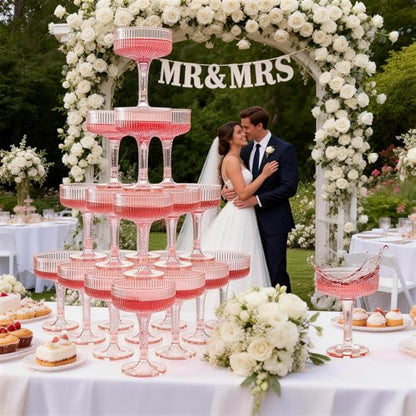 Goodluck 4-Tier Champagne Glasses - 20 PCS 7oz Pink Plastic Champagne Flute | Plastic Coupe Glasses with Vertical Stripes for Weddings, Celebrations, Parties & Birthdays - color: Pink