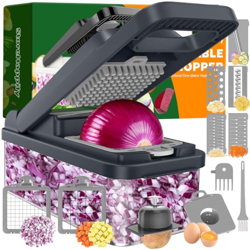 12-in-1 Vegetable Chopper 7 Blades, Veggie Cutter with Handle, Grey | Stainless Steel Blades, Food Container and Lid, Dicer, Slicer, Julienne, Egg Separator, Non-slip Base, Include Cleaning Tools - color: Gray, size: 7 blades