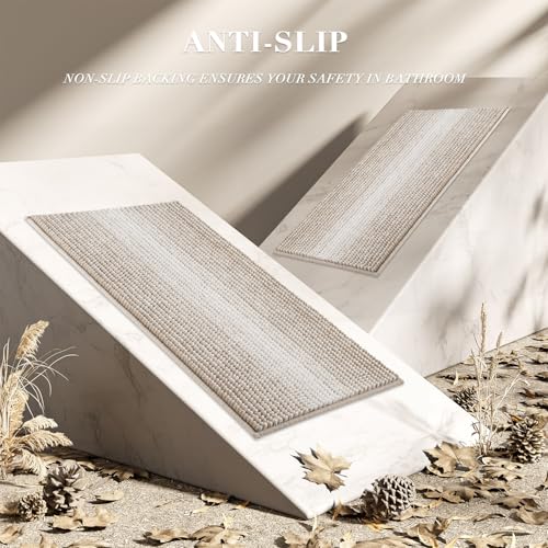 Bathroom Rugs Sets 3 Piece, Toilet Rugs U-Shaped Contour Bath Mat Set, Striped Absorbent Non Slip Chenille Shower Mat, Light Taupe - color: Taupe, size: 20"x32"+16"x24"+U Shape 20"x24"