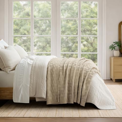 EVERGRACEHOME Modern Checkered Chenille Throw Blanket, 50x60, Sand Dune | Lightweight Warmth, All-Season Breathability, OEKO-TEX certified, Timeless Grid Pattern, Farmhouse Throw for Couch, Bed, Sofa - color: Sand Dune, size: 50" X 60"