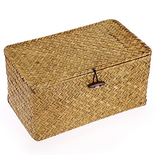 Hipiwe Wicker Shelf Baskets Bin Handwoven Seagrass Storage Basket with Lid | Rectangular Household Basket Boxes for Shelf Wardrobe Home Organizer, Caramel Medium - color: Caramel, size: Medium