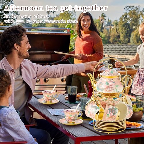 20 Pieces Porcelain Tea Set With Metal Holder, European Ceramic tea set for adults,Flower Tea Set,Tea Set For Women With Flower Painting (Large version, Pink) - color: Pink