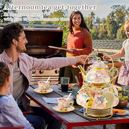 20 Pieces Porcelain Tea Set With Metal Holder, European Ceramic tea set for adults,Flower Tea Set,Tea Set For Women With Flower Painting (Large version, Pink) - color: Pink