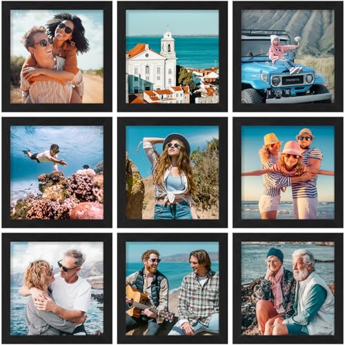 Vittanly 8x8 Picture Frames Set of 9 for Wall or Tabletop Display, Black | Display Pictures 4x4 with Mat or 8x8 without Mat for Wall Mounting, Square Photo Frames for Home Decor, Engineered Wood - color: Black, size: 8x8