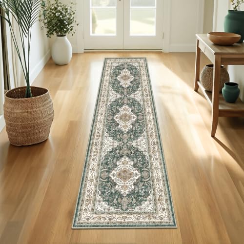 AooHHooA Boho Washable 2x6 Runner Rugs Green Non Slip Low Pile Vintage Runner Rug, Stain Resistant Soft Faux Wool Runners for Hallway Laundry Entryway Bedroom - color: Green, size: 2' x 6' (Runner)