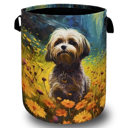 Watercolor Yorkie Laundry Basket Oxford Cloth Foldable Hamper 18.9x16.5Inch | Cute Dog With Handle Tote Bag Laundry Hamper Clothes Storage Bucket Toy Organizer For Bathroom/Laundry/Bedroom - color: Watercolor Yorkie With Yellow Floral
