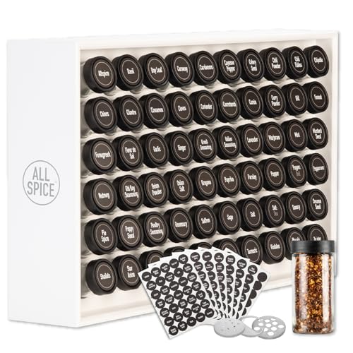 Spice Rack Organizer, Wood, 525 Unique Labels, Countertop or Wall Mount, Includes 60 4oz Jars- Matte White - color: Matte White, size: 60 Jar